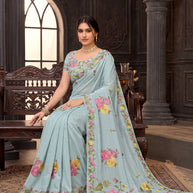 Blue embroidered tissue organza saree wedding wear