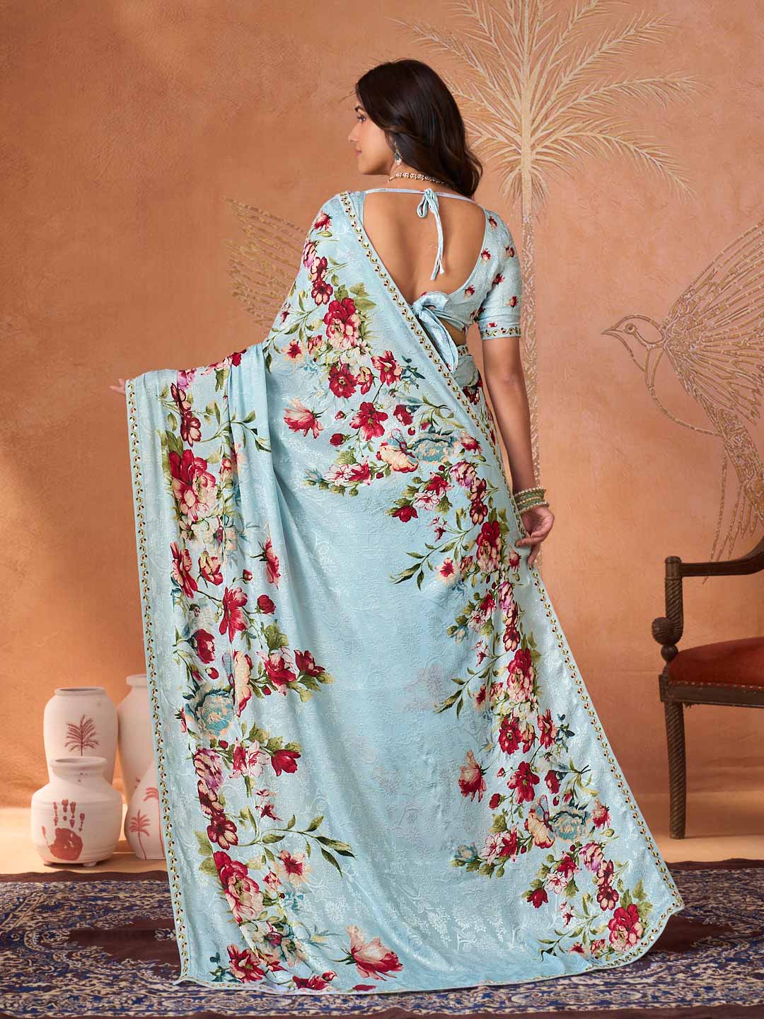 Blue embroidered silk blend saree festive wear