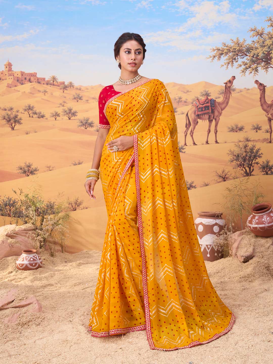 Orange bandhani printed georgette saree party wear
