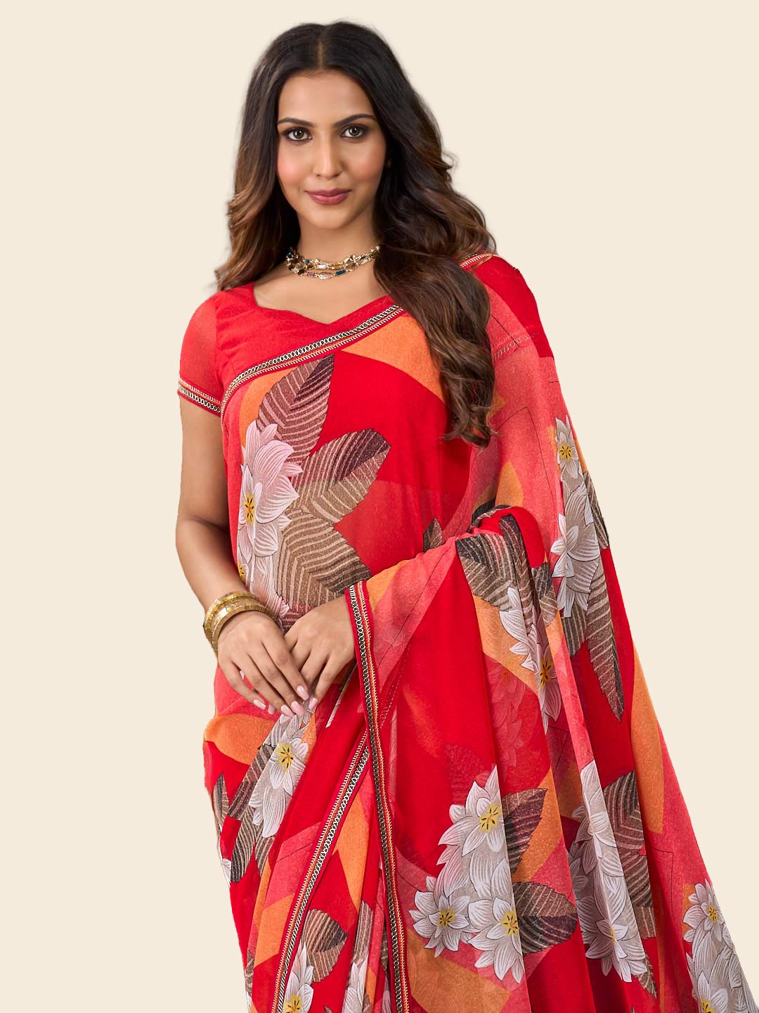 Laxmipati Rudramala Orange Georgette Floral Printed Saree