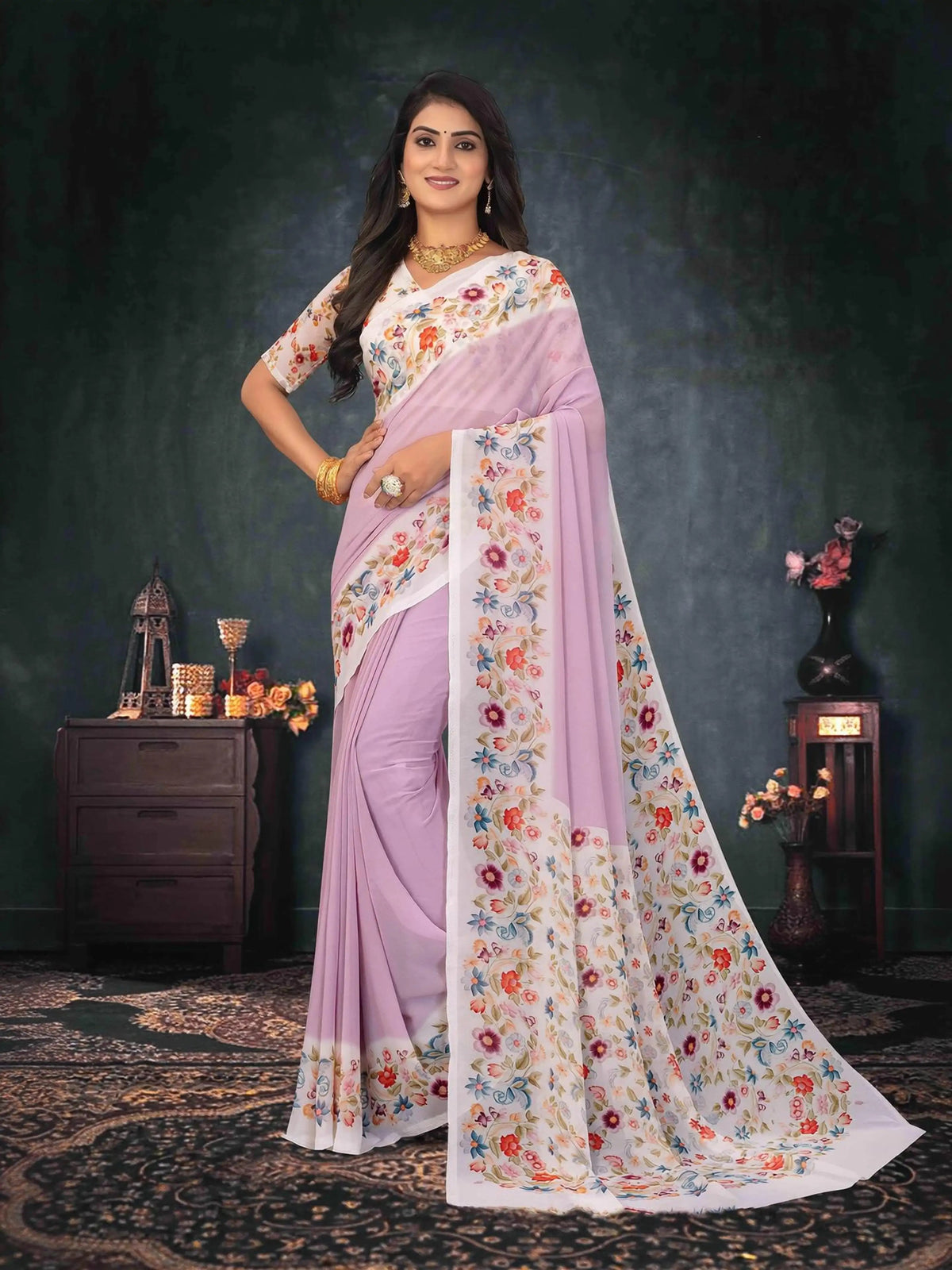 Purple floral printed georgette saree daily wear