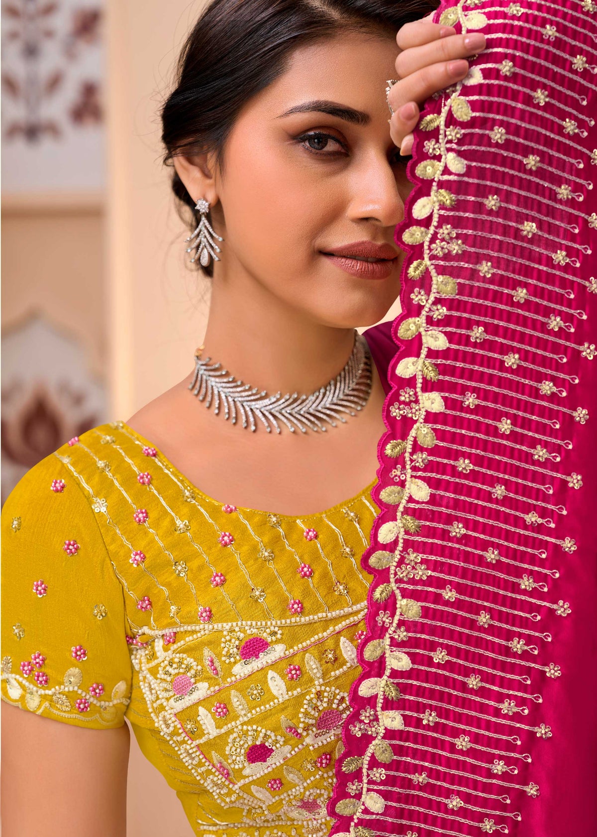 Pink embroidered chiffon saree daily wear