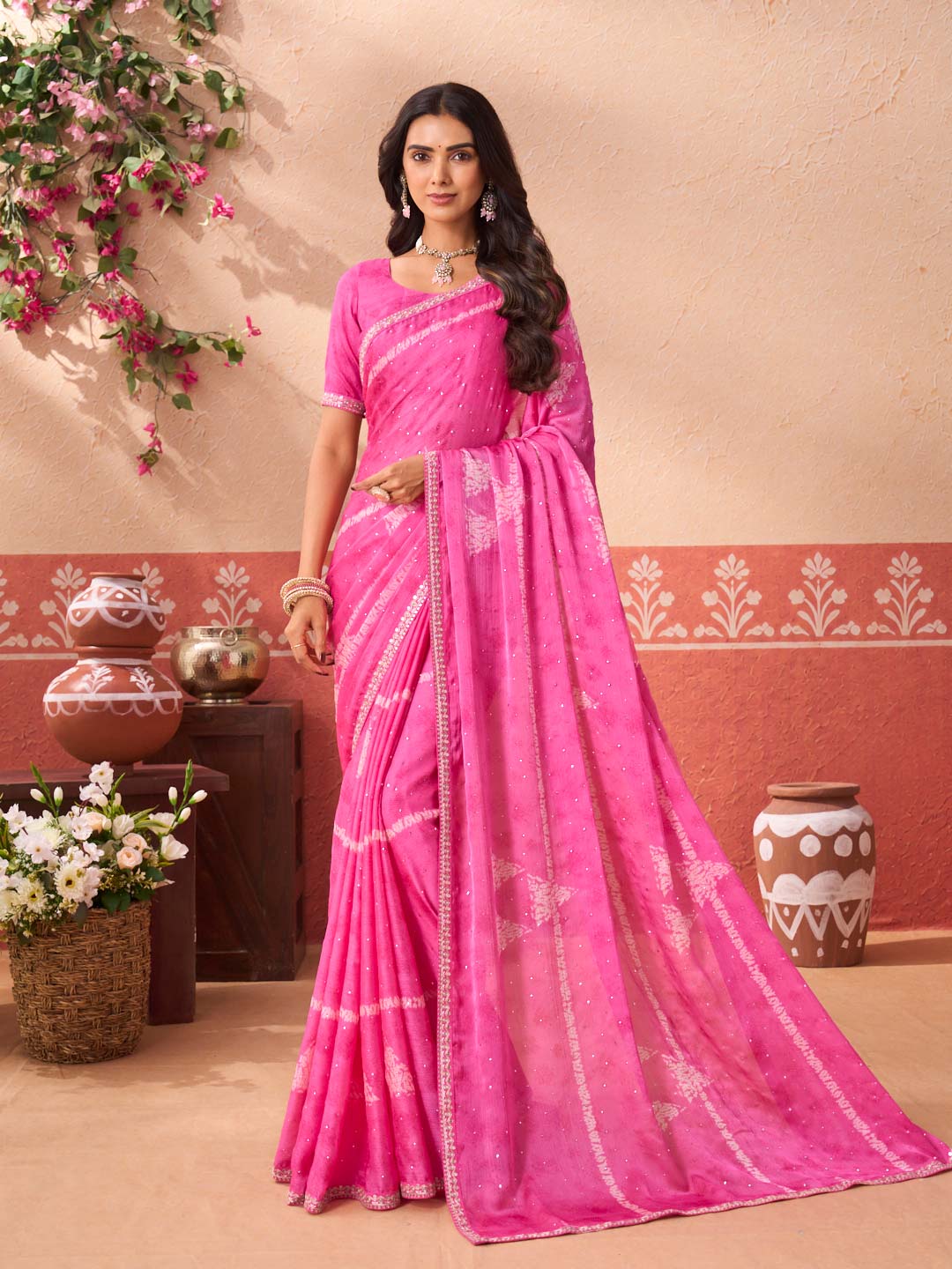 Pink printed silk blend saree festive wear