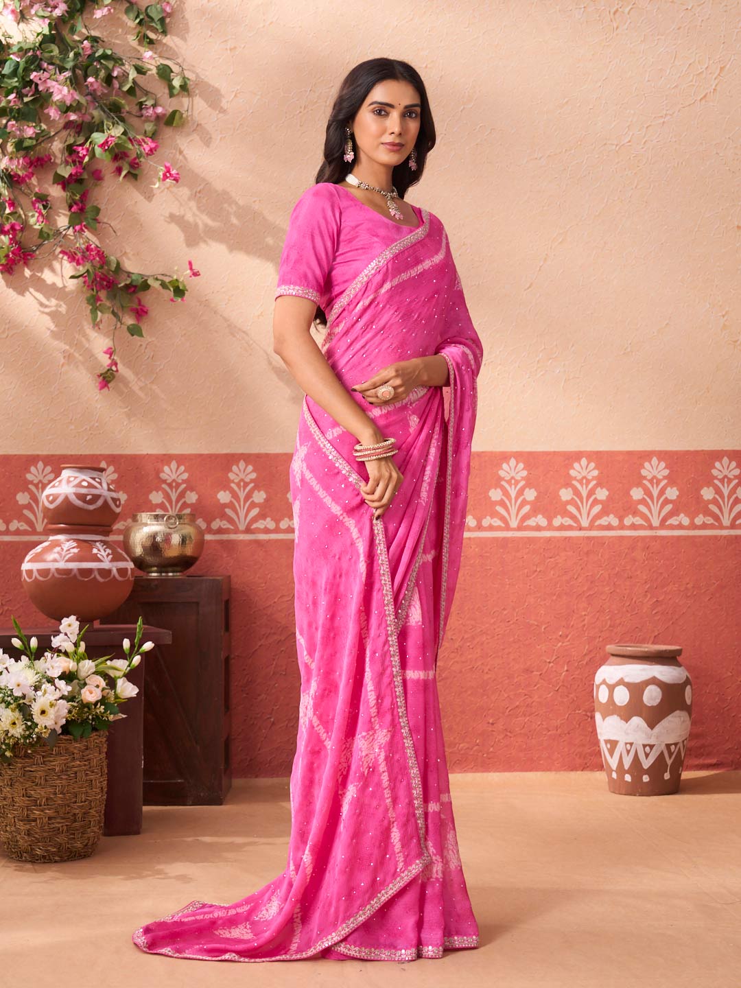 Pink printed silk blend saree casual wear