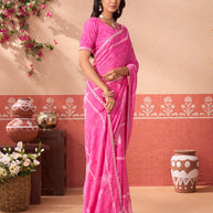 Pink printed silk blend saree casual wear