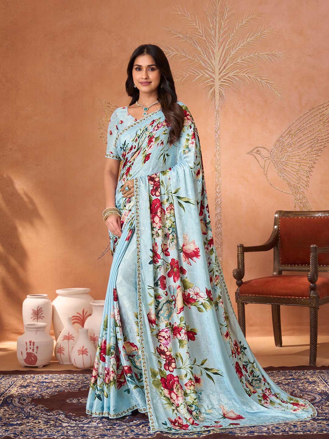 Blue embroidered silk blend saree party wear