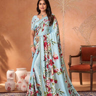Blue embroidered silk blend saree party wear