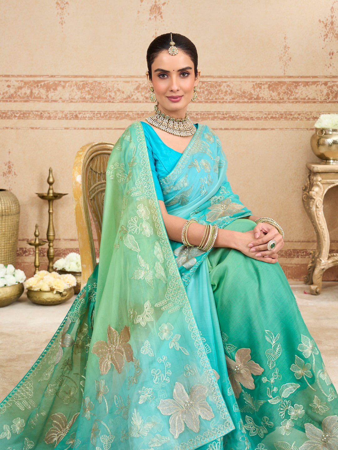 bottle green saree