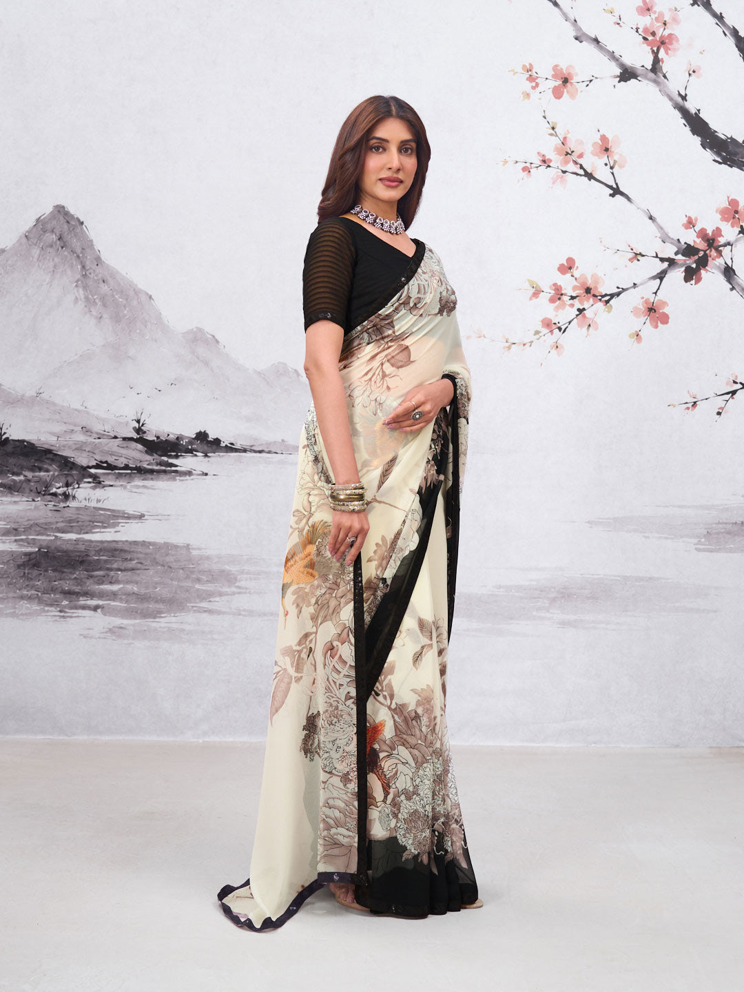 White floral printed georgette saree casual wear
