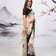 White floral printed georgette saree casual wear