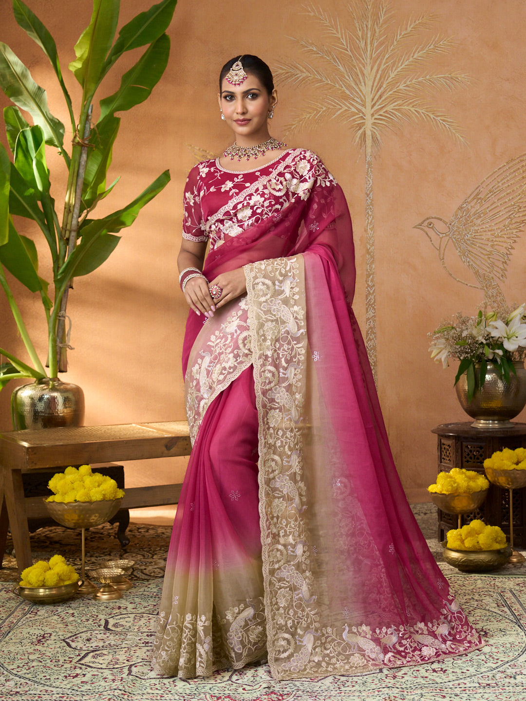 purple embroidered tissue organza saree party wear