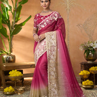 purple embroidered tissue organza saree party wear