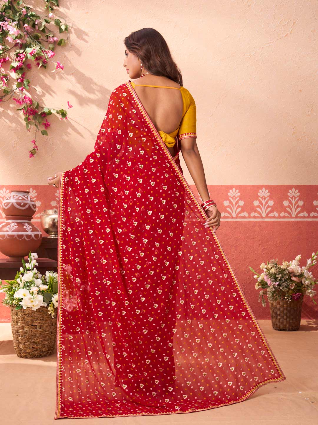 Red bandhani printed georgette saree party wear