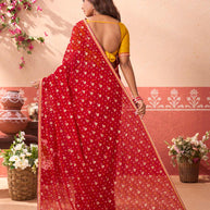 Red bandhani printed georgette saree party wear