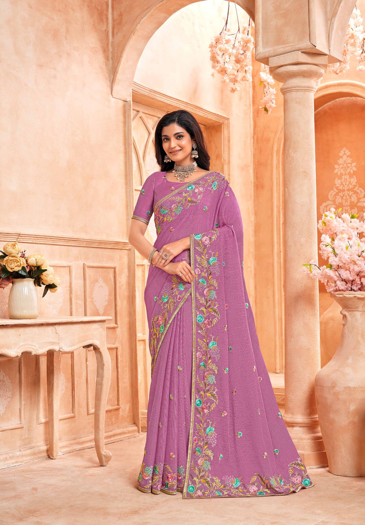 Purple embroidered chiffon saree party wear