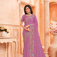 Purple embroidered chiffon saree party wear
