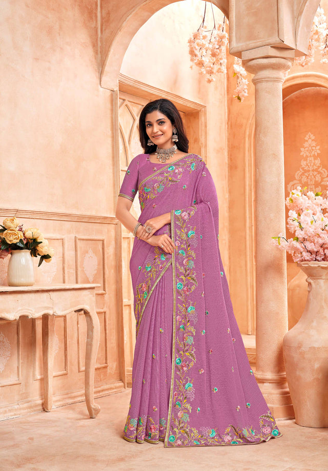 Purple embroidered chiffon saree party wear