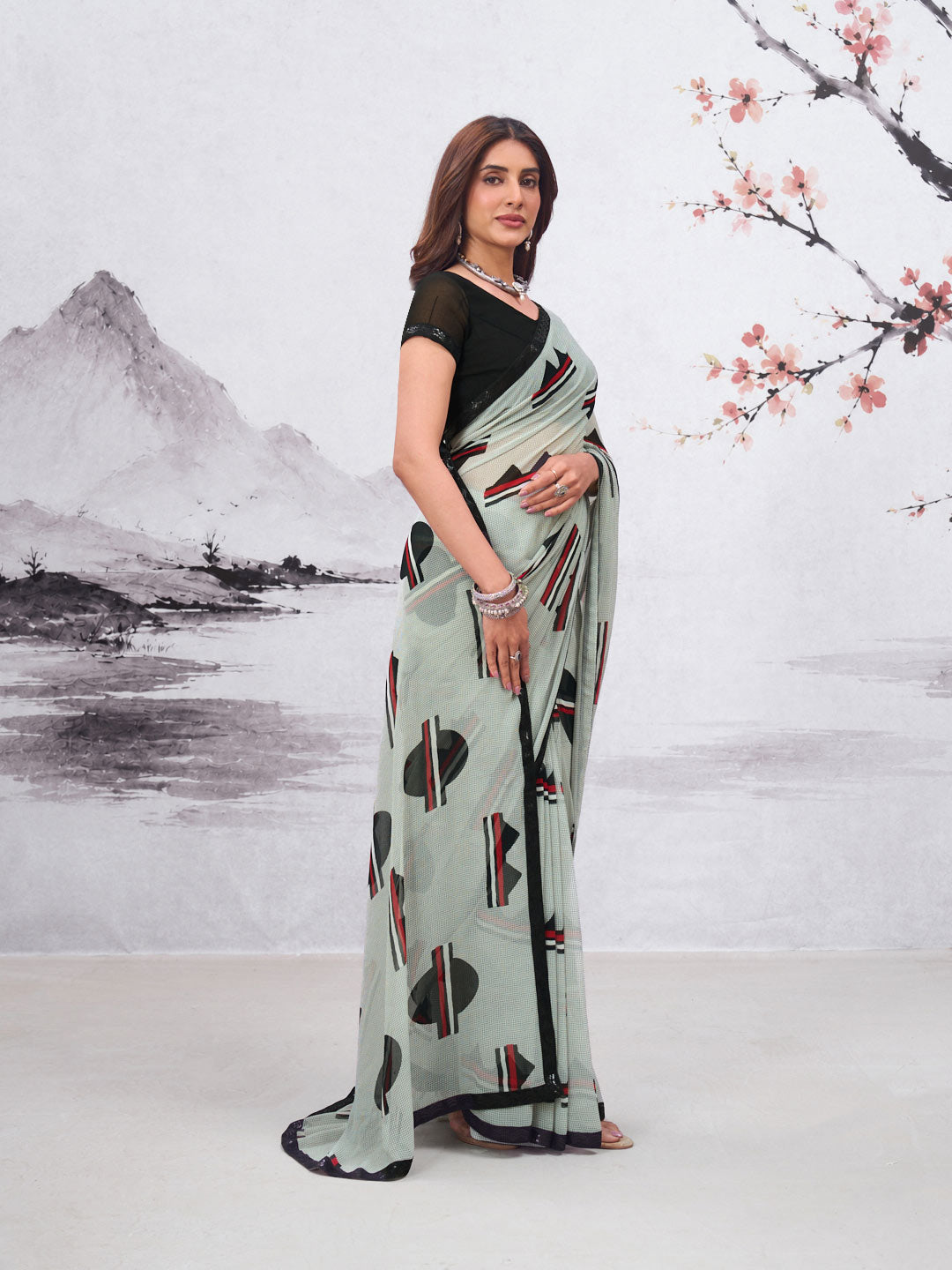 Grey geometric printed georgette saree festive wear