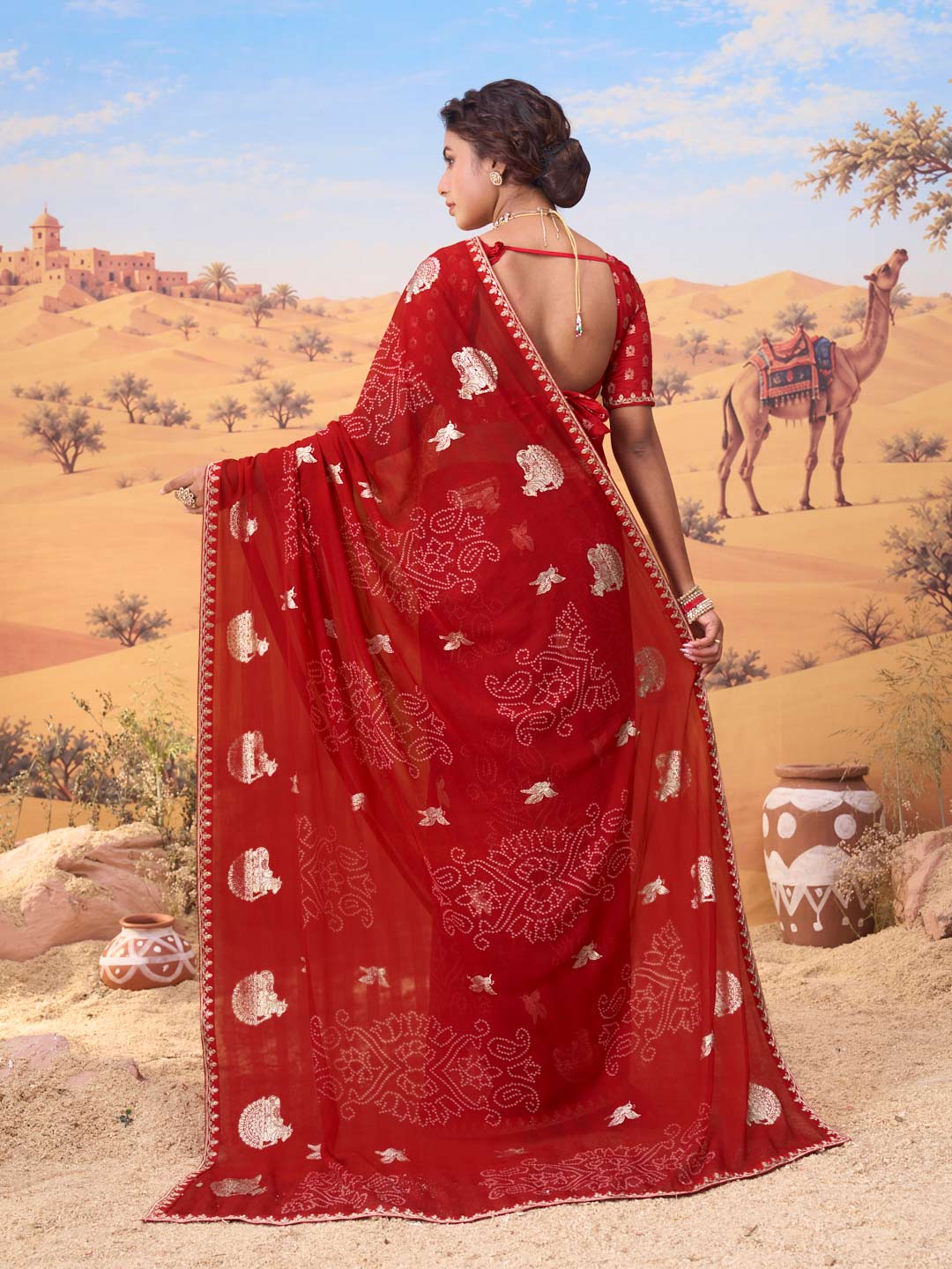 Red bandhani printed georgette saree party wear