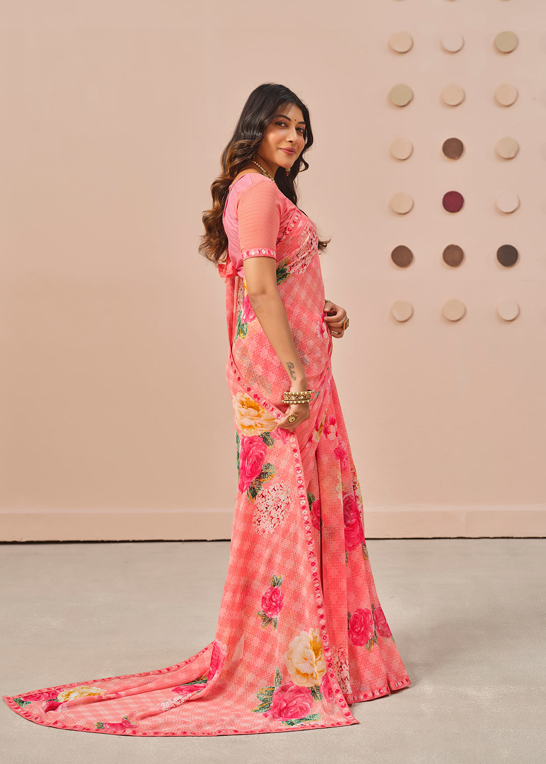 Pink floral printed georgette saree daily wear