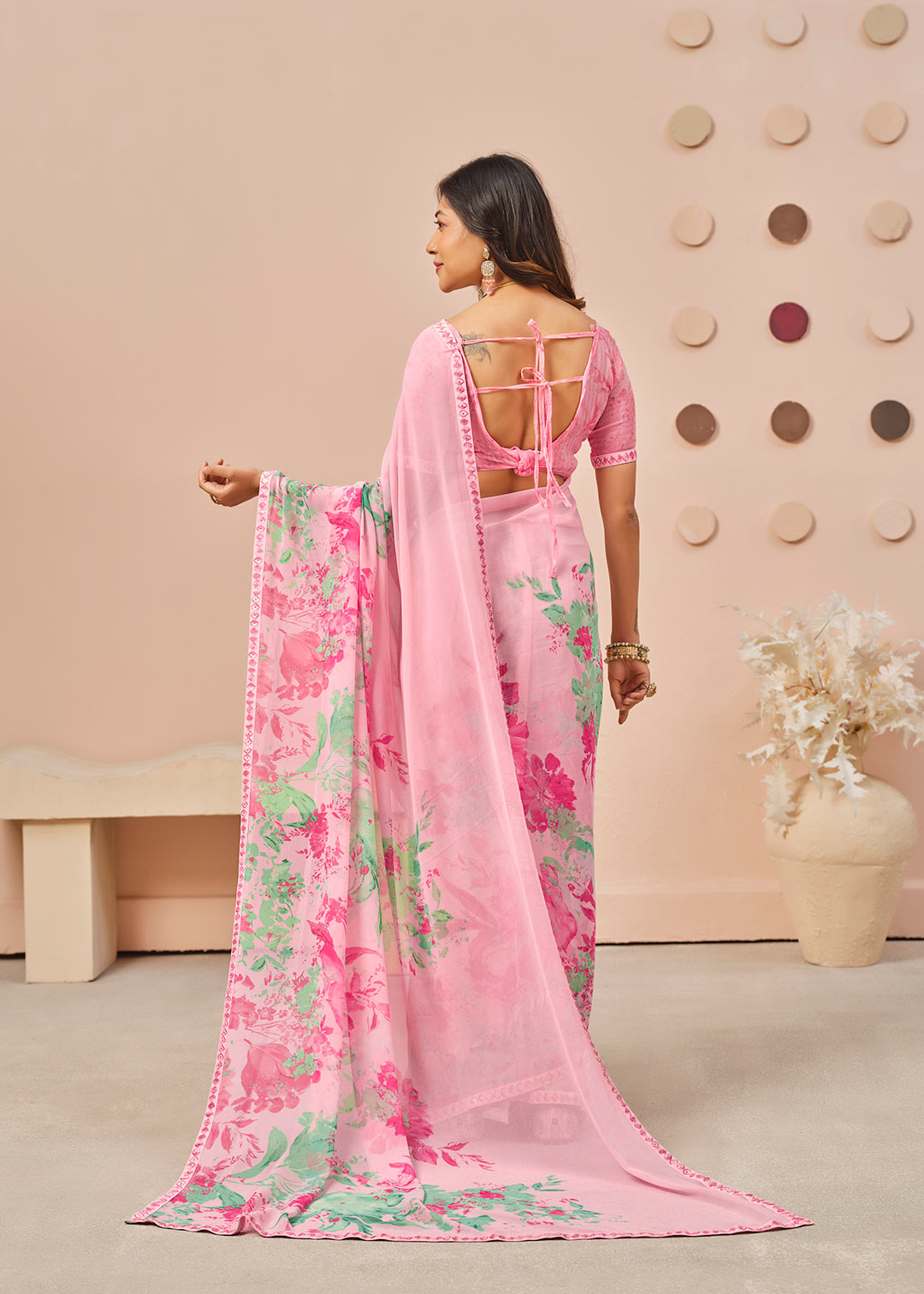 Pink floral printed georgette saree festive wear
