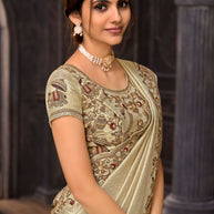 Cream embroidered silk blend saree party wear