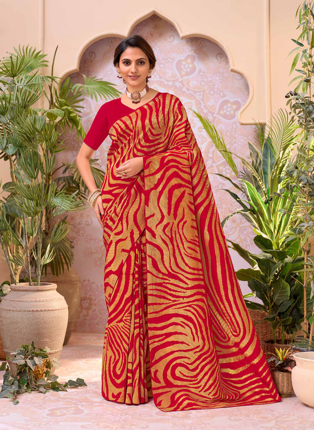 Red embroidered chiffon saree festive wear