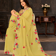 Yellow embroidered chiffon saree party wear