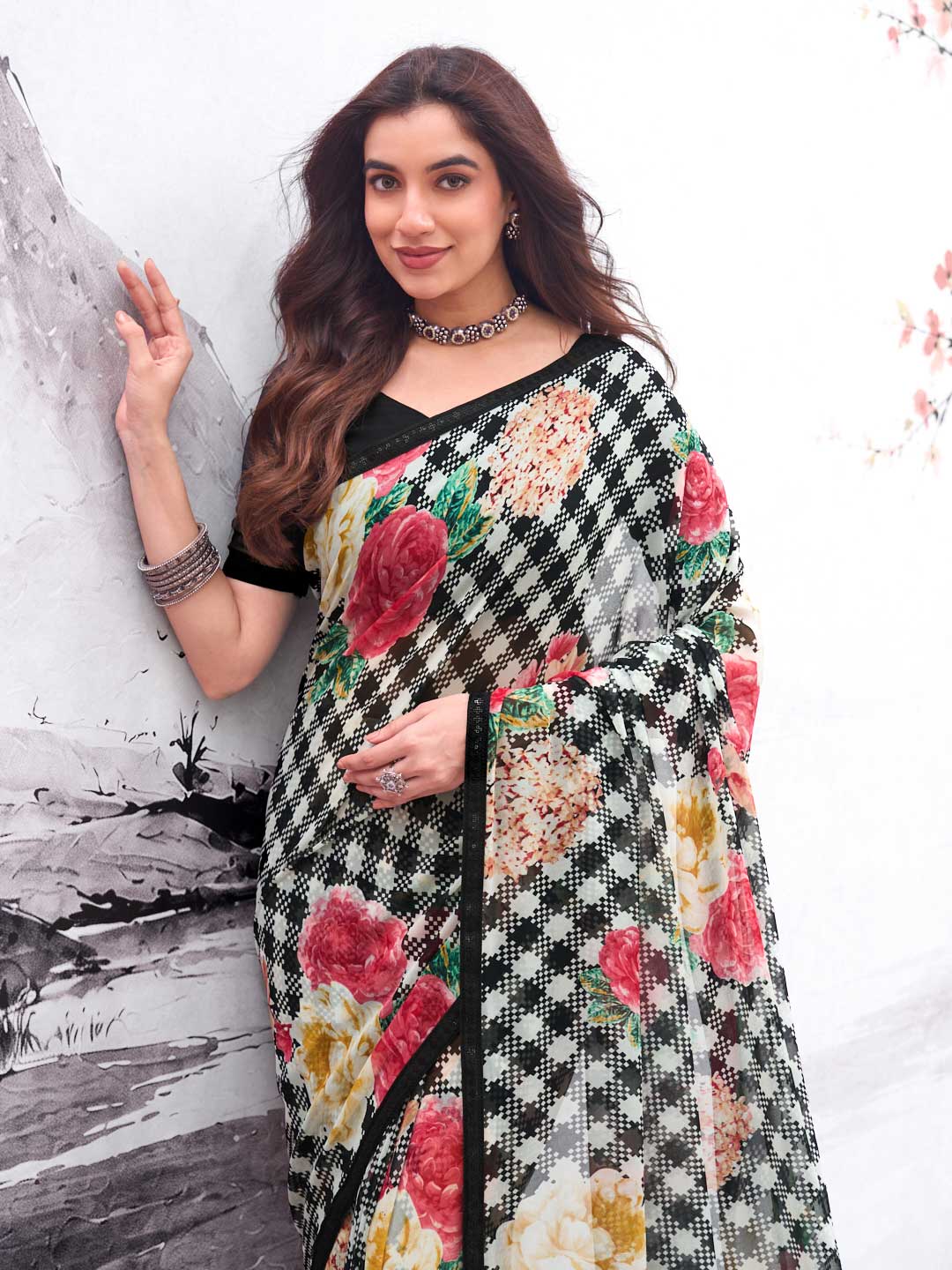 Black printed georgette saree wedding wear