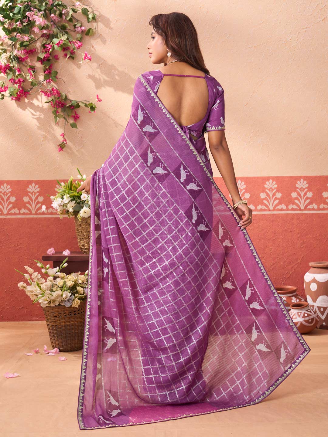Purple printed chiffon saree festive wear