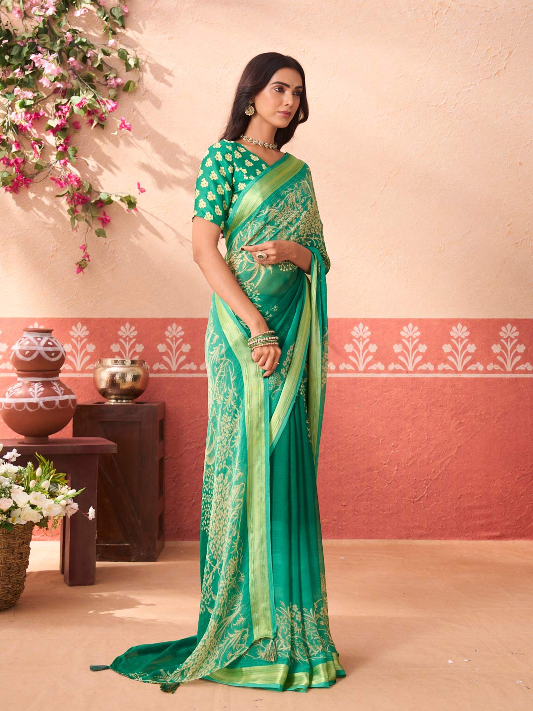 Green floral printed chiffon saree casual wear