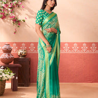 Green floral printed chiffon saree casual wear