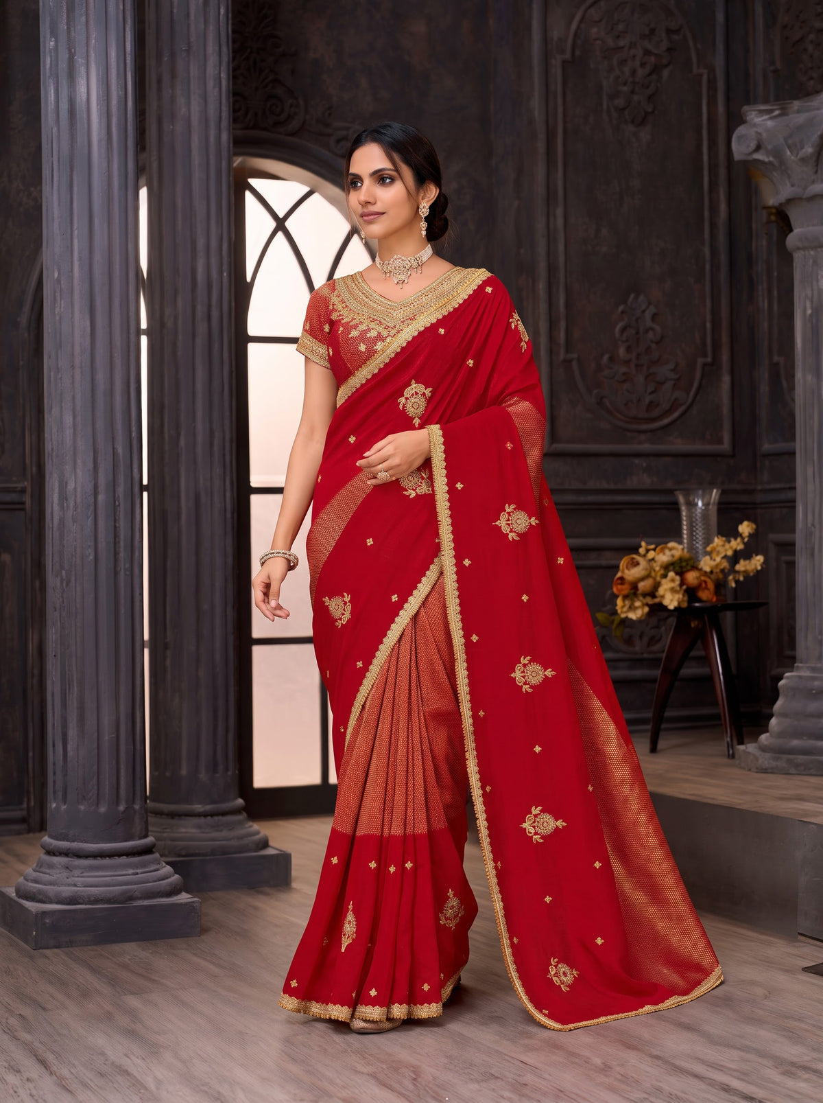 Red embroidered silk blend saree casual wear