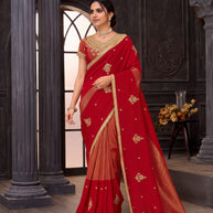 Red embroidered silk blend saree casual wear