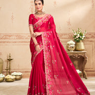 Red floral embroidered silk blend saree festive wear