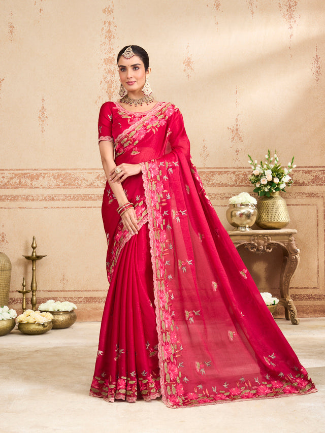 Red floral embroidered silk blend saree festive wear