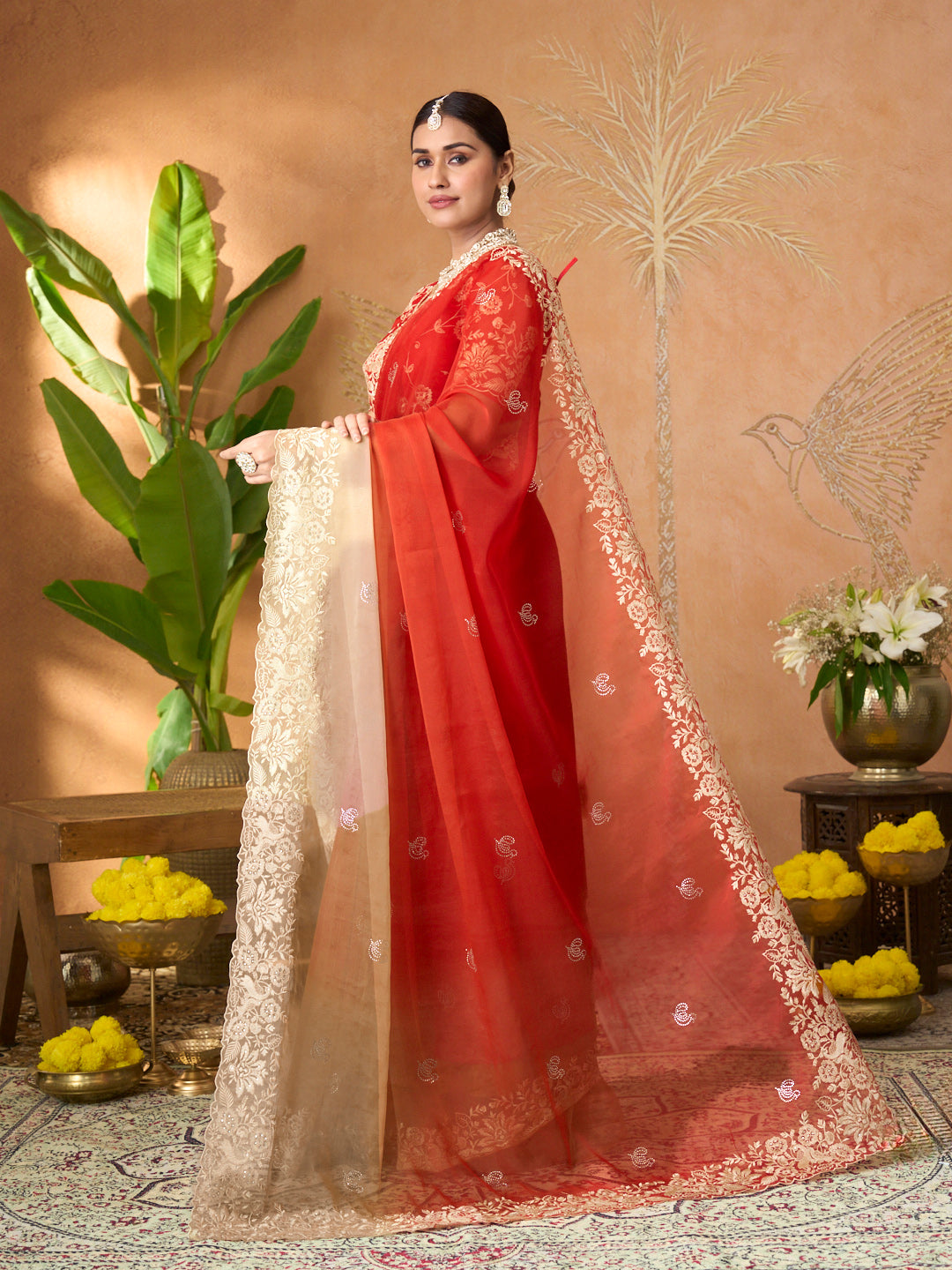 Red floral embroidered tissue organza saree daily wear