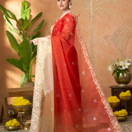 Red floral embroidered tissue organza saree daily wear