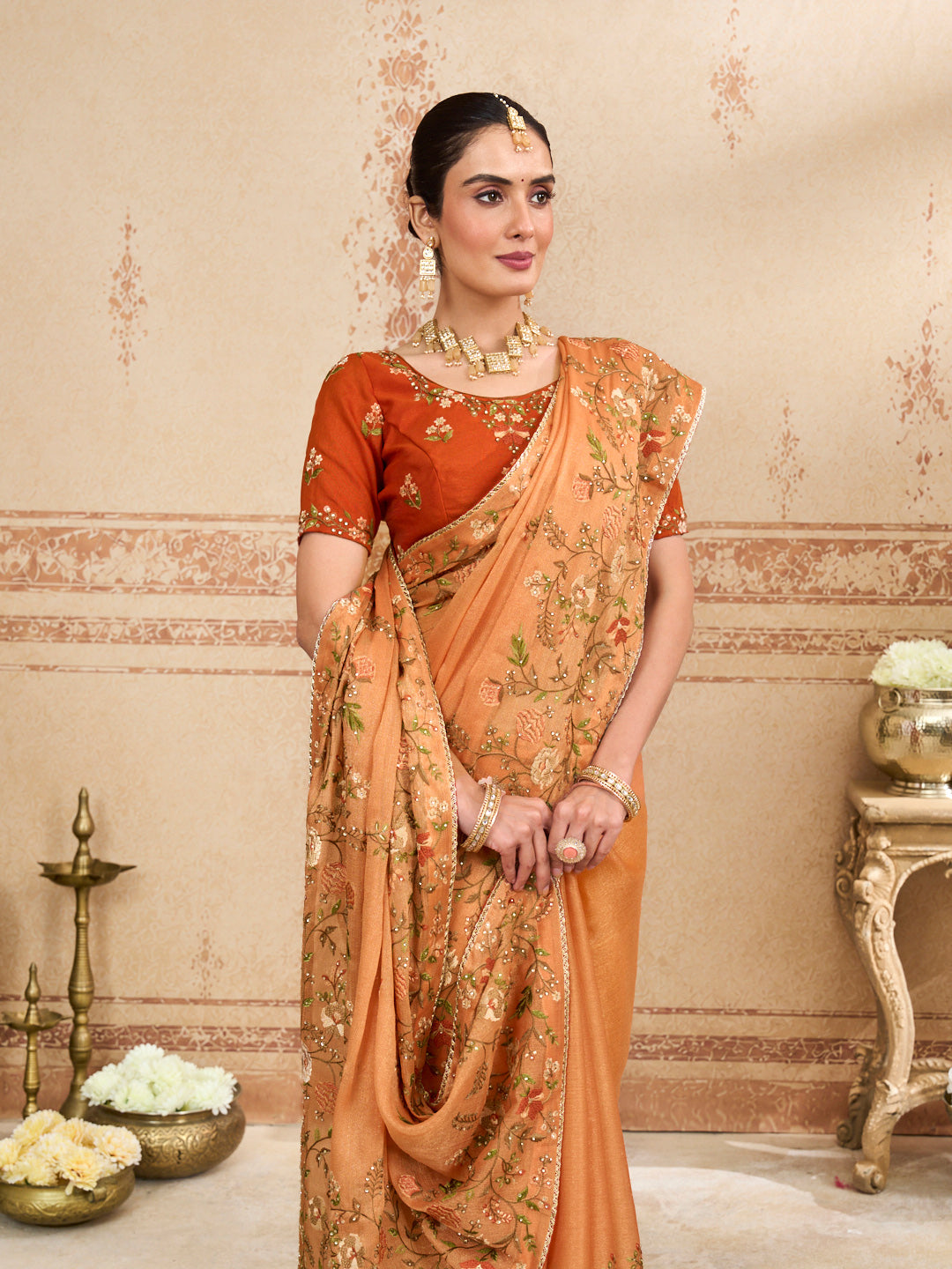 Orange floral embroidered silk blend saree casual wear