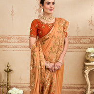 Orange floral embroidered silk blend saree casual wear
