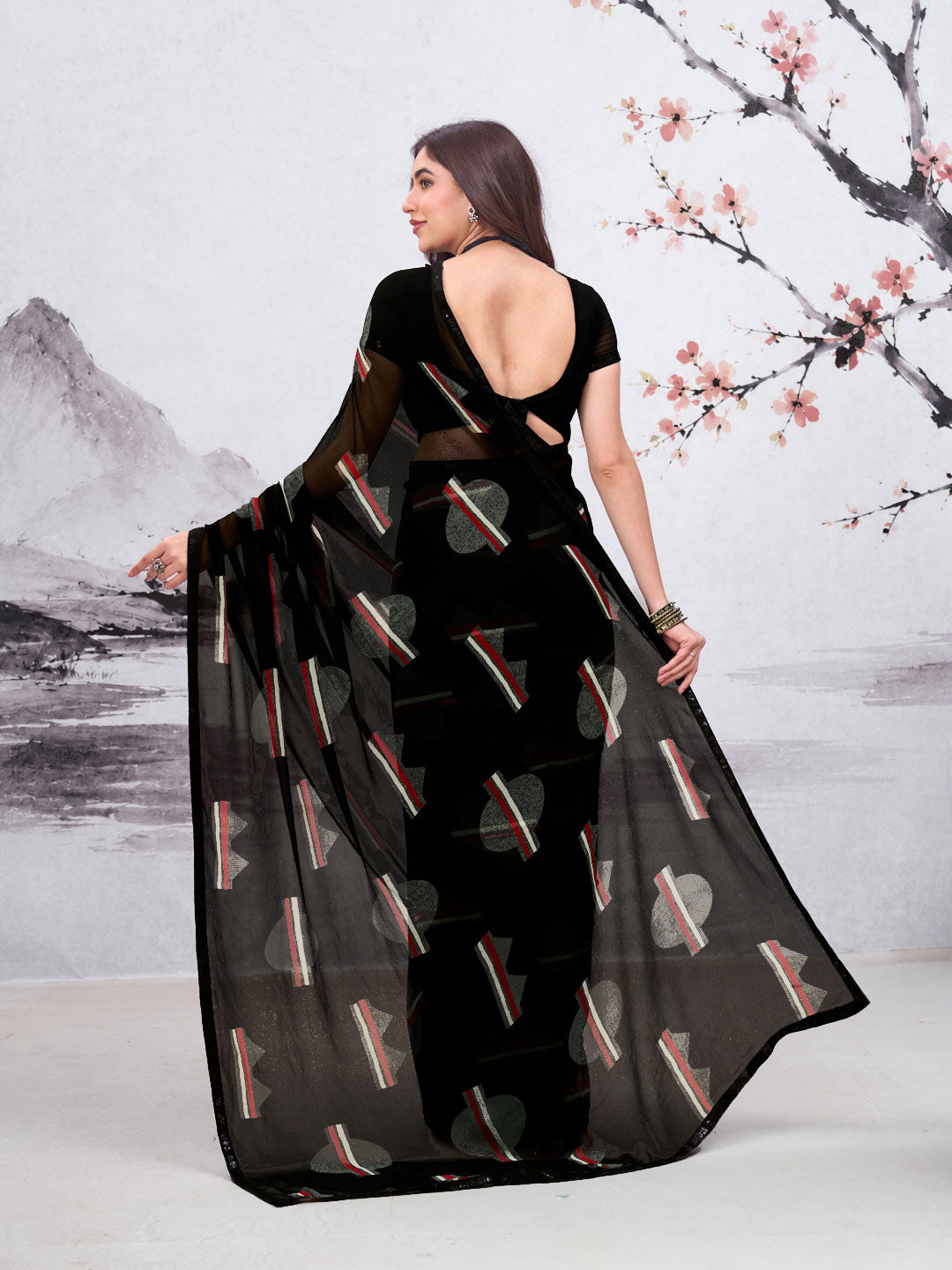Black geometric printed georgette saree festive wear
