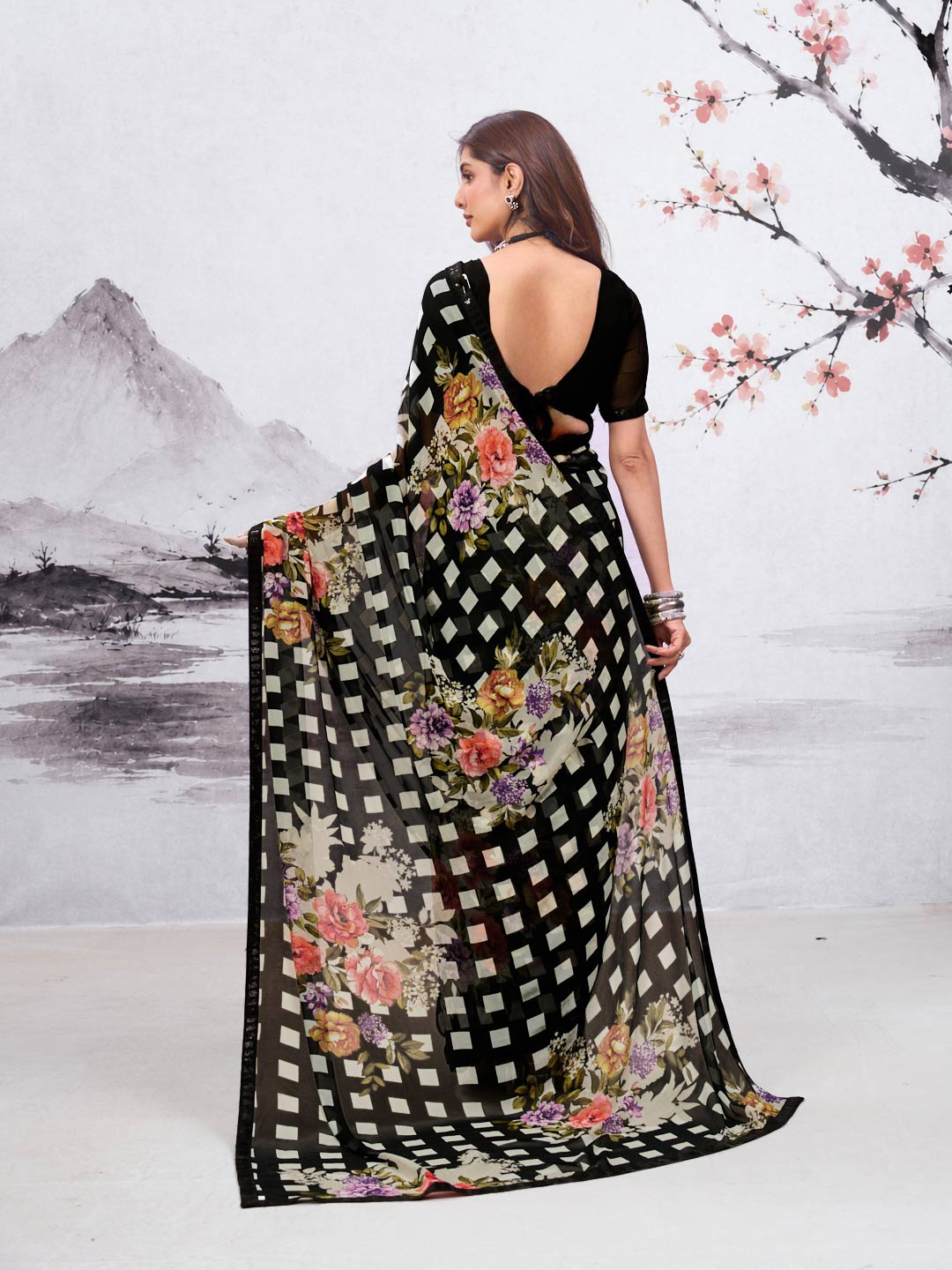 Black floral printed georgette saree festive wear