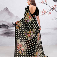 Black floral printed georgette saree festive wear