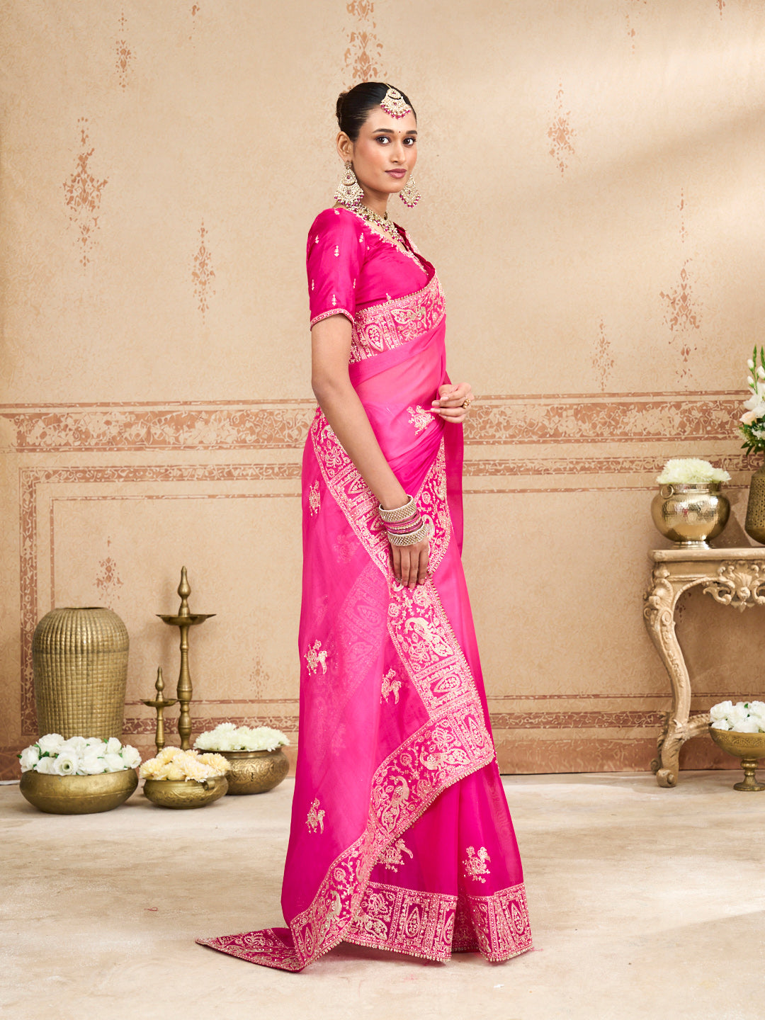 Pink embroidered tissue organza saree daily wear