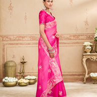 Pink embroidered tissue organza saree daily wear