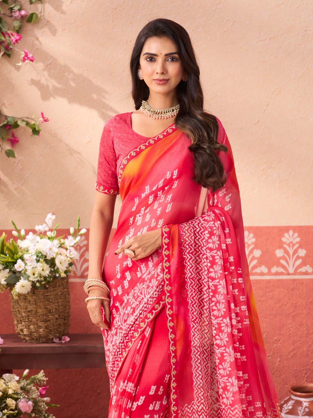 Pink floral printed chiffon saree wedding wear