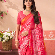 Pink floral printed chiffon saree wedding wear