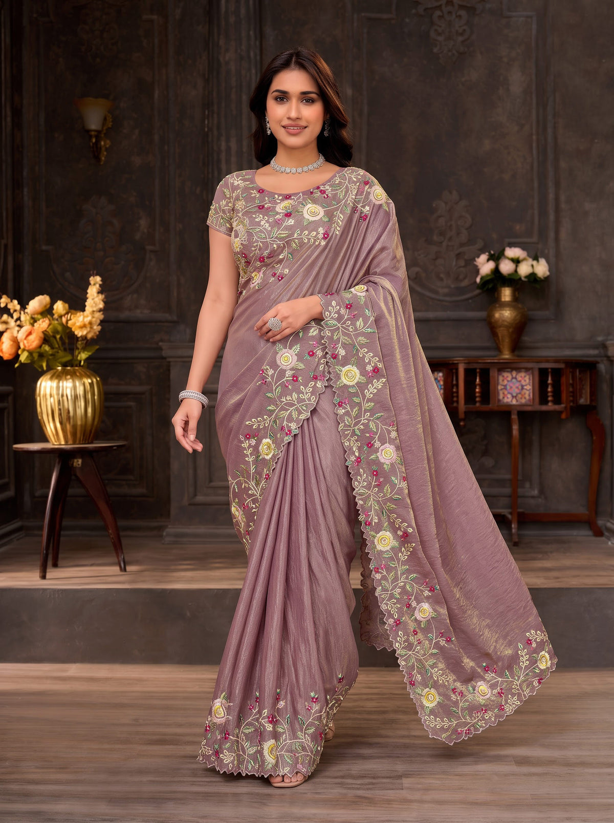 Purple embroidered silk blend saree casual wear