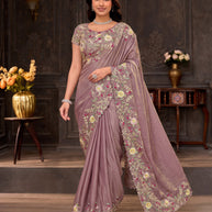 Purple embroidered silk blend saree casual wear