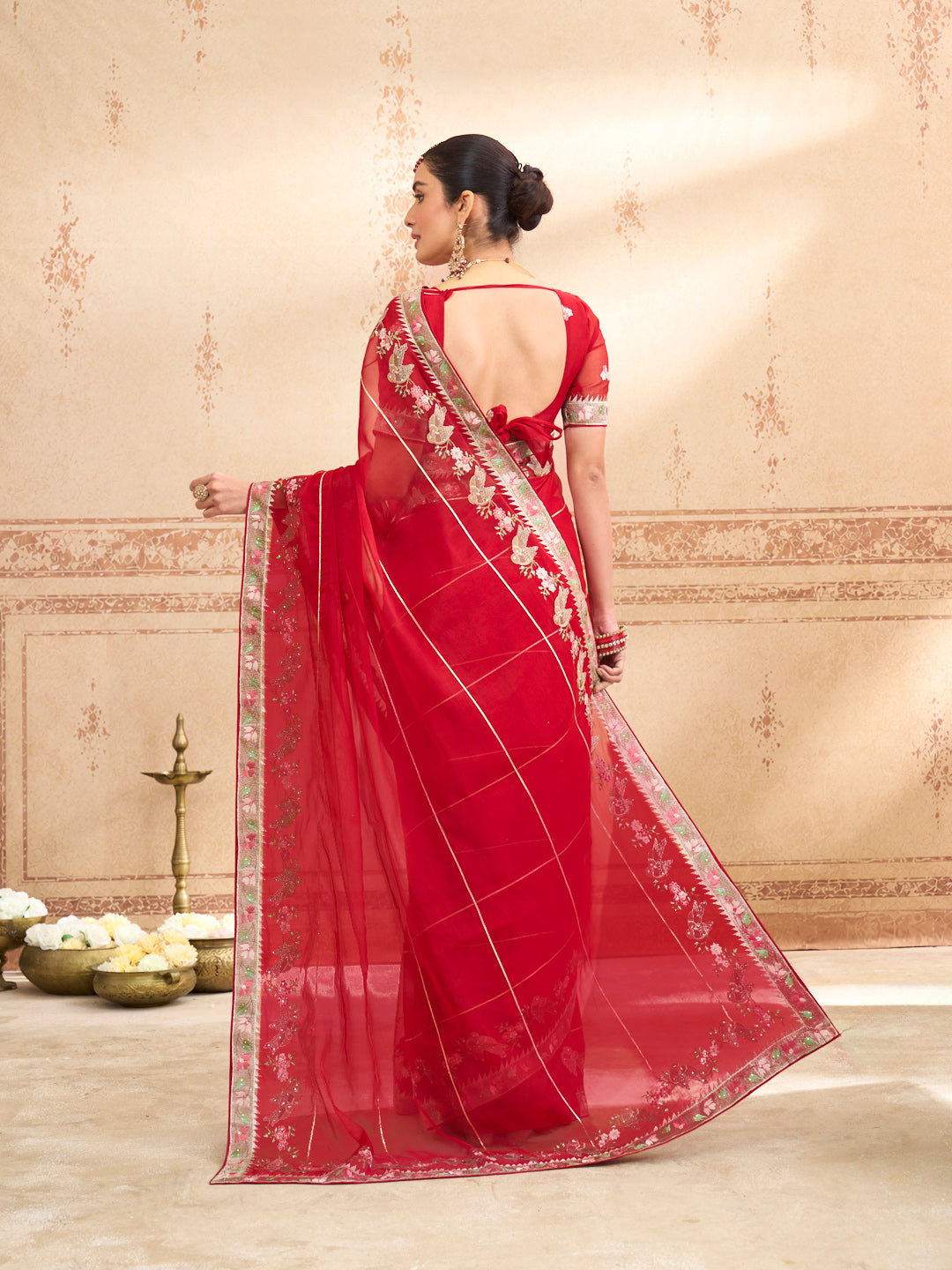 red embroidered tissue organza saree wedding wear